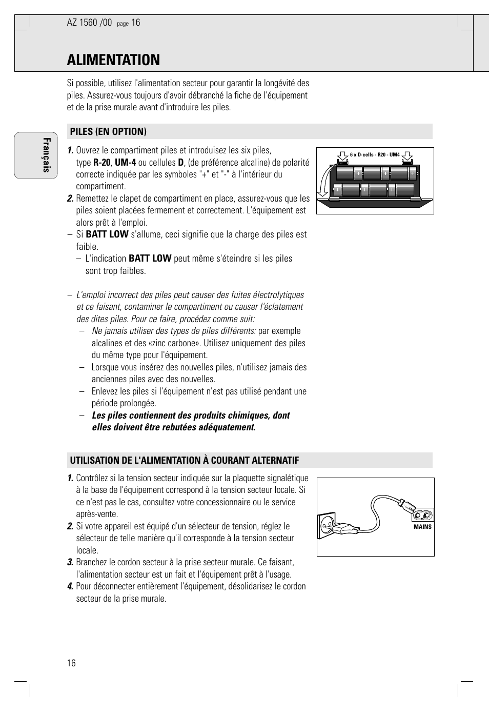 Alimentation | Philips AZ 1560/00 User Manual | Page 16 / 58