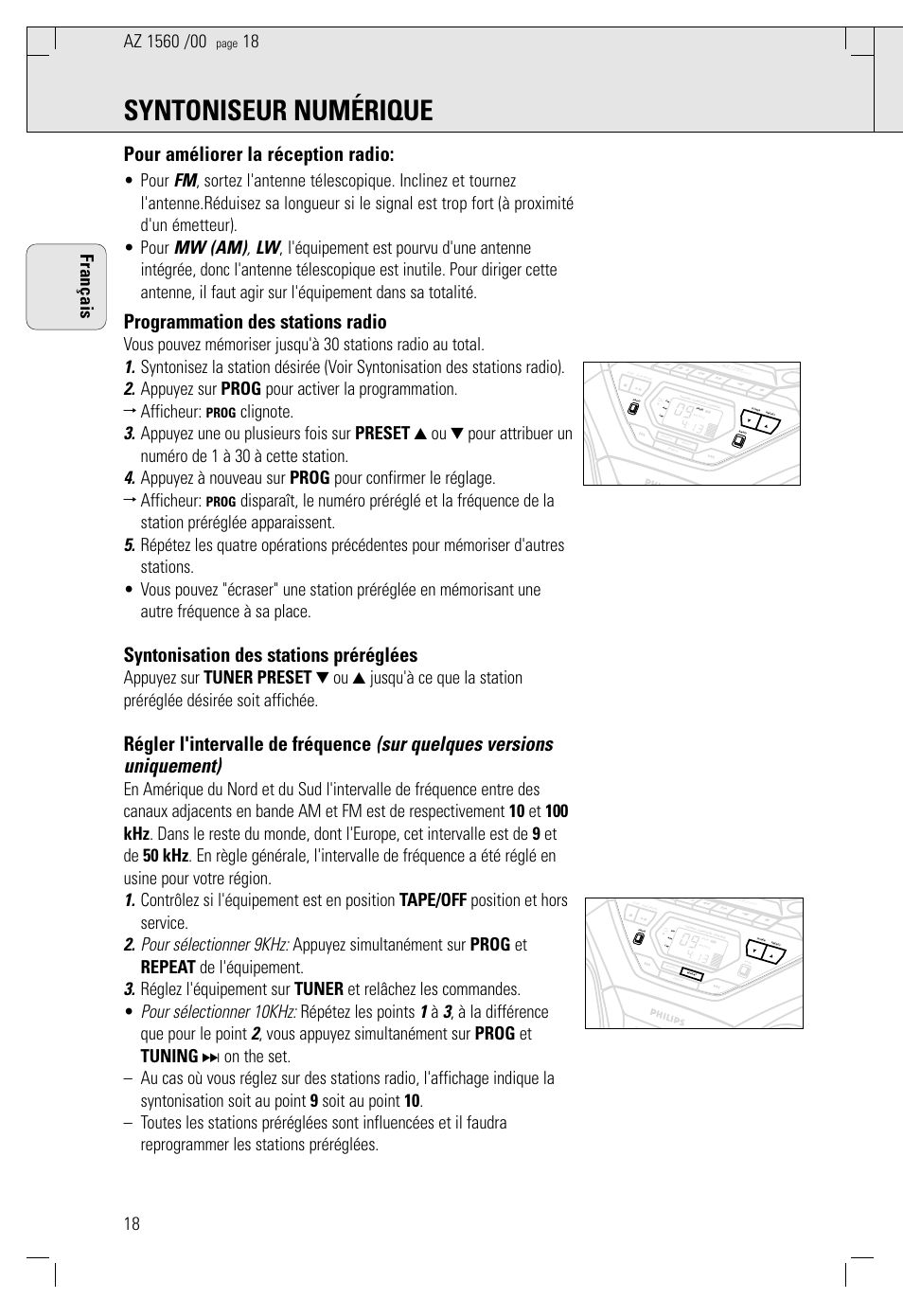 Syntoniseur numérique, Pour améliorer la réception radio, Programmation des stations radio | Syntonisation des stations préréglées, 18 français, Prog | Philips AZ 1560/00 User Manual | Page 18 / 58