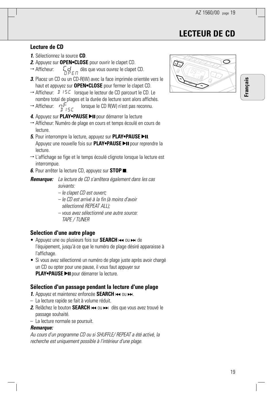 Lecteur de cd, Lecture de cd, Selection d'une autre plage | 19 français | Philips AZ 1560/00 User Manual | Page 19 / 58