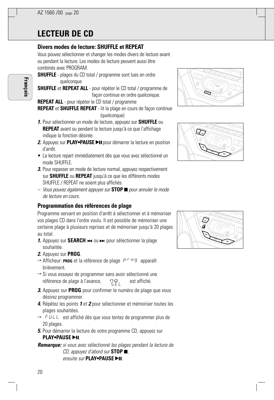 Lecteur de cd, Divers modes de lecture: shuffle et repeat, Programmation des références de plage | 20 français, Prog | Philips AZ 1560/00 User Manual | Page 20 / 58