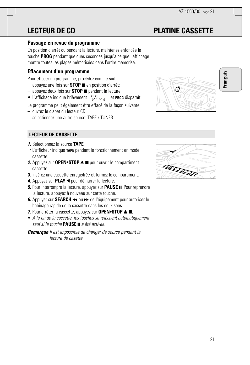 Lecteur de cd platine cassette, Passage en revue du programme, Effacement d'un programme | 21 français, Prog, Tape | Philips AZ 1560/00 User Manual | Page 21 / 58