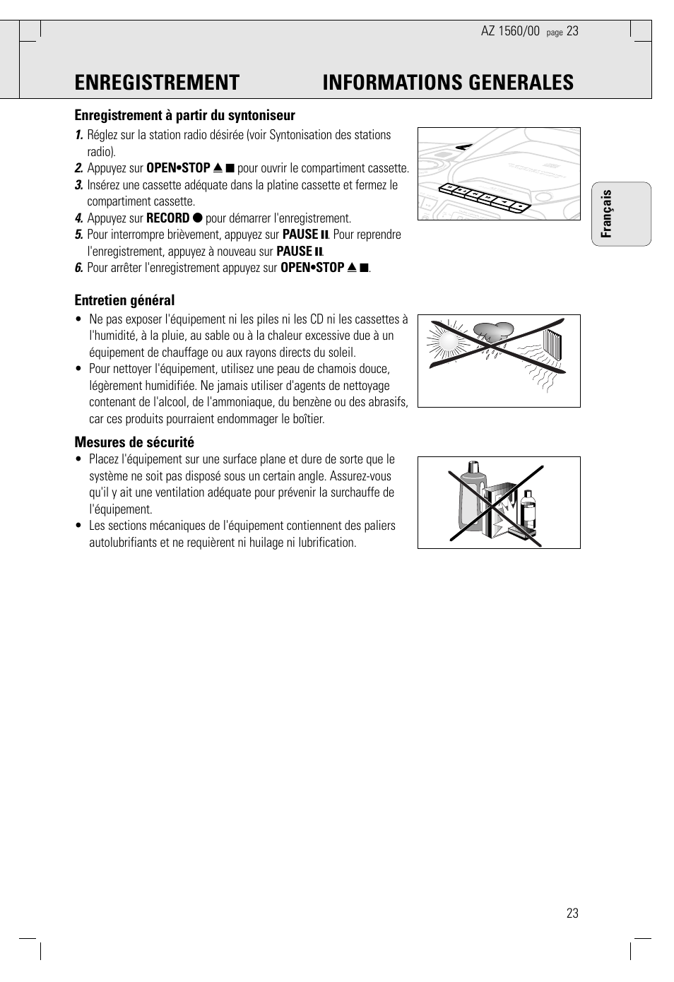 Enregistrement informations generales, Enregistrement à partir du syntoniseur, Entretien général | Mesures de sécurité, 23 français | Philips AZ 1560/00 User Manual | Page 23 / 58