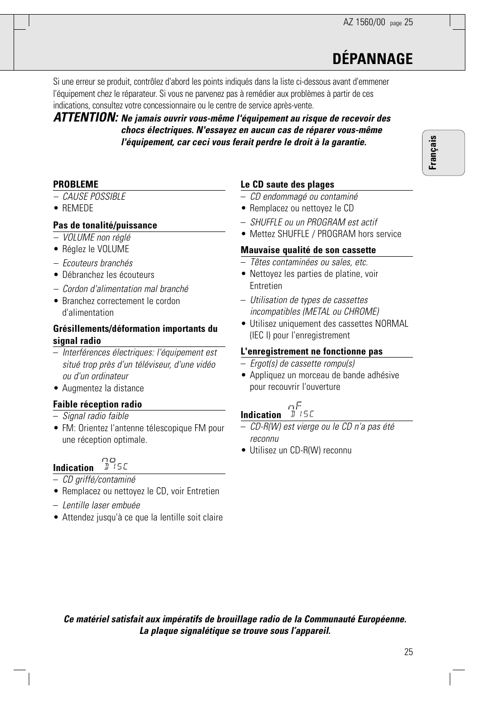 Dépannage, Attention | Philips AZ 1560/00 User Manual | Page 25 / 58