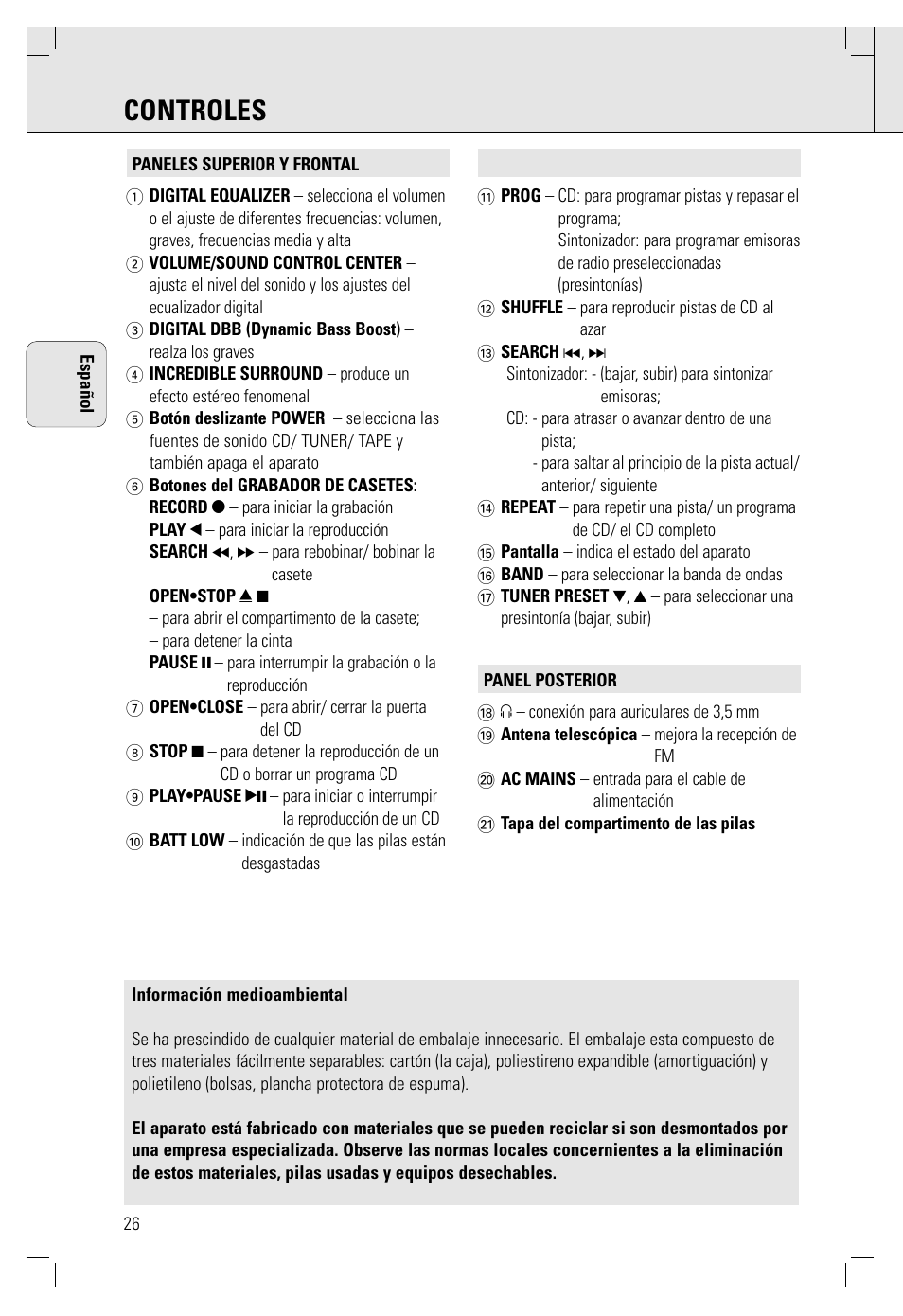 Controles | Philips AZ 1560/00 User Manual | Page 26 / 58