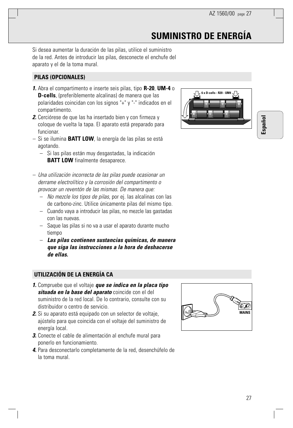 Suministro de energía | Philips AZ 1560/00 User Manual | Page 27 / 58