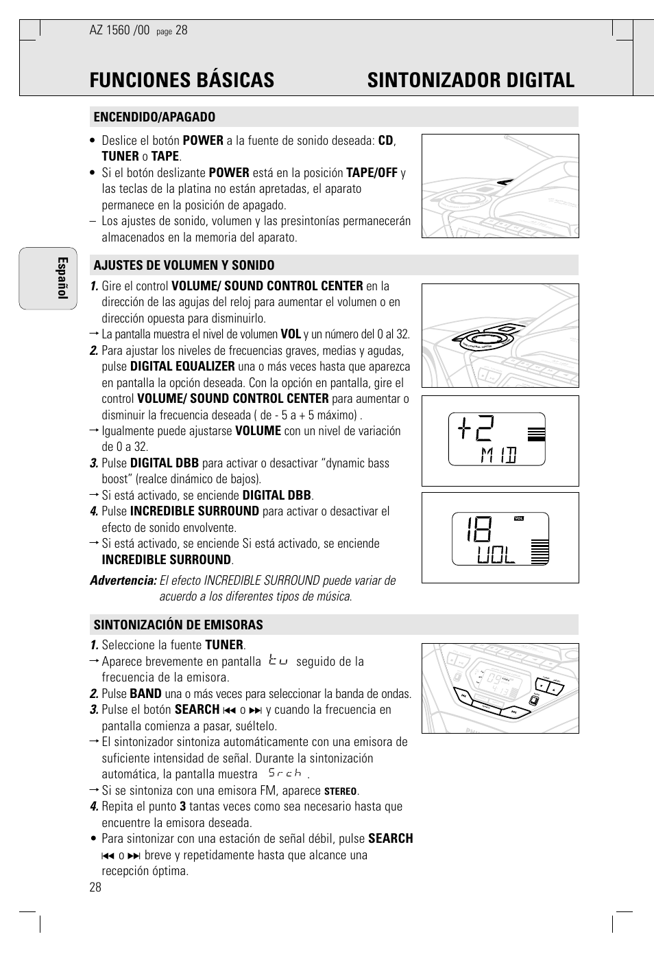 Funciones básicas sintonizador digital, Español, Stereo | Philips AZ 1560/00 User Manual | Page 28 / 58