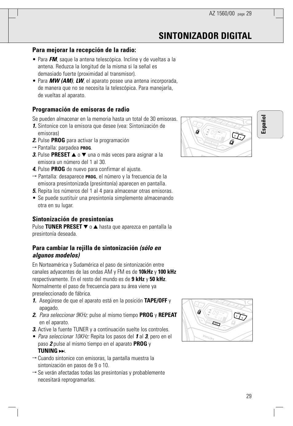 Sintonizador digital, Para mejorar la recepción de la radio, Programación de emisoras de radio | Sintonización de presintonías, Español, Prog | Philips AZ 1560/00 User Manual | Page 29 / 58