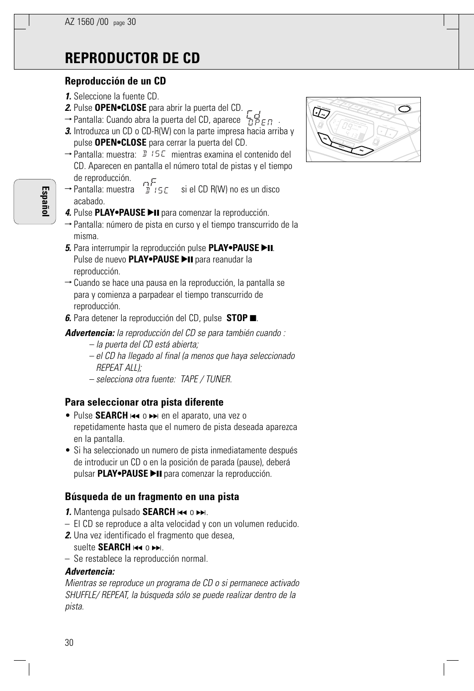 Reproductor de cd, Reproducción de un cd, Para seleccionar otra pista diferente | Búsqueda de un fragmento en una pista, Español | Philips AZ 1560/00 User Manual | Page 30 / 58