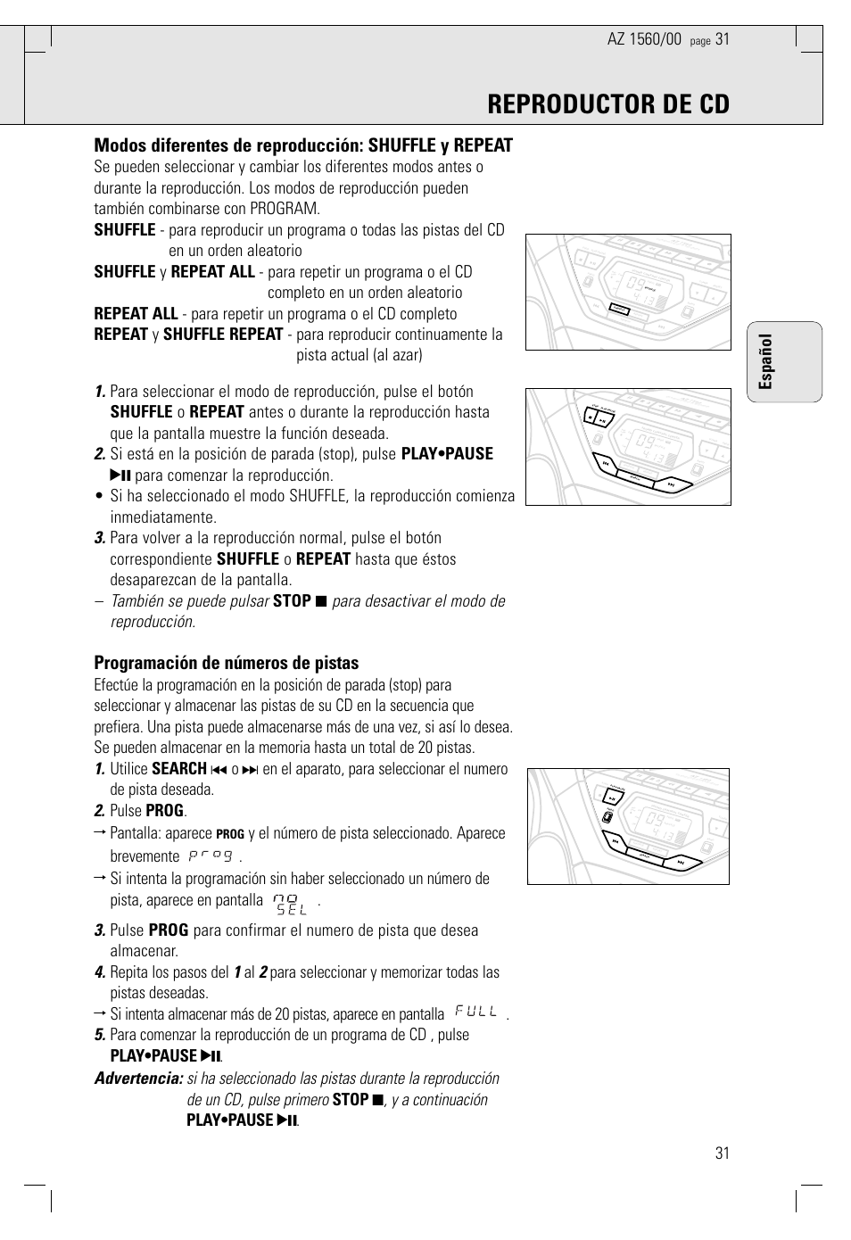 Reproductor de cd, Modos diferentes de reproducción: shuffle y repeat, Programación de números de pistas | Español, Prog | Philips AZ 1560/00 User Manual | Page 31 / 58