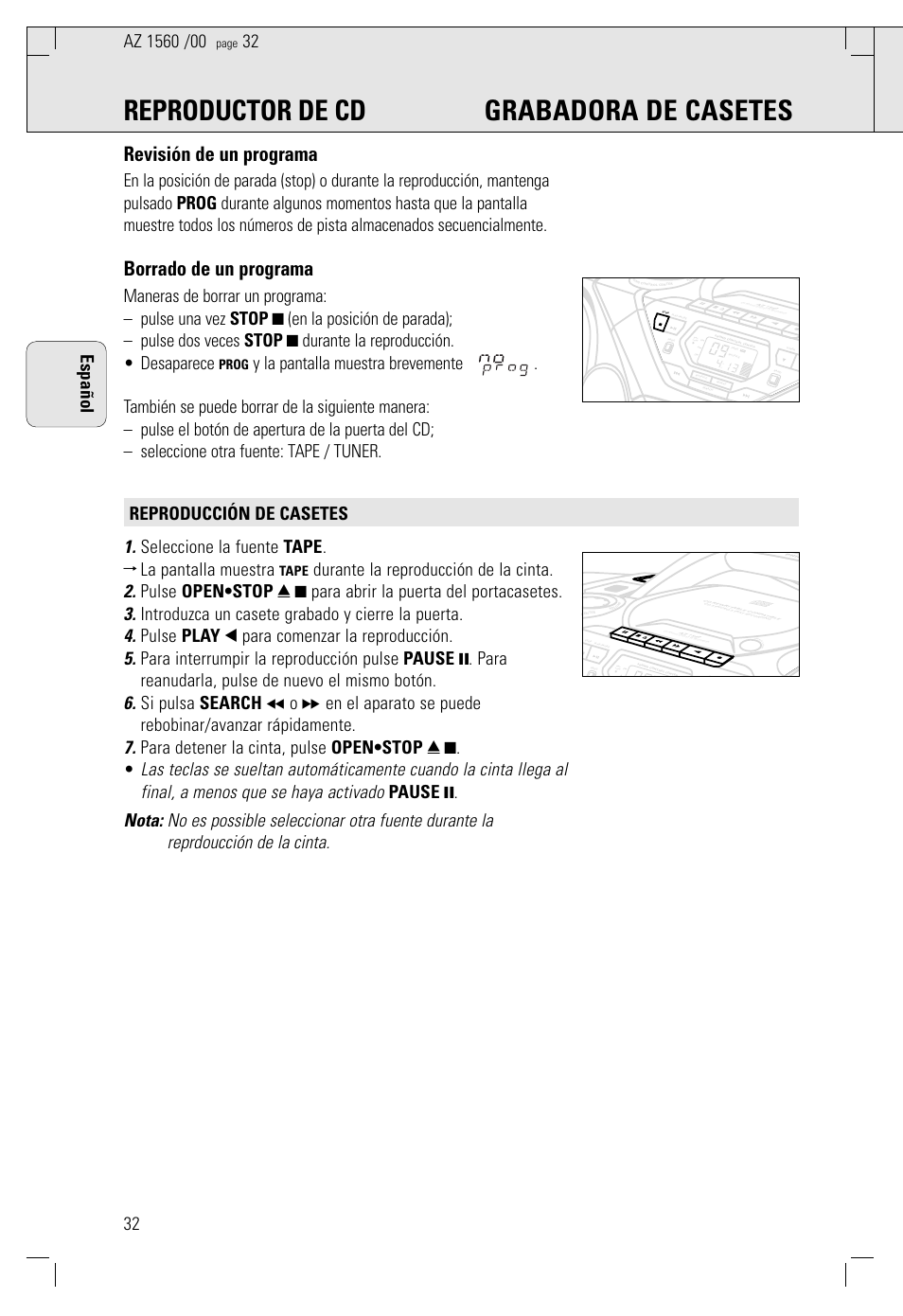 Reproductor de cd grabadora de casetes, Revisión de un programa, Borrado de un programa | Español, Prog, Tape | Philips AZ 1560/00 User Manual | Page 32 / 58