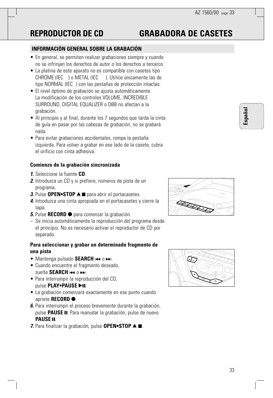 Reproductor de cd grabadora de casetes, Español | Philips AZ 1560/00 User Manual | Page 33 / 58