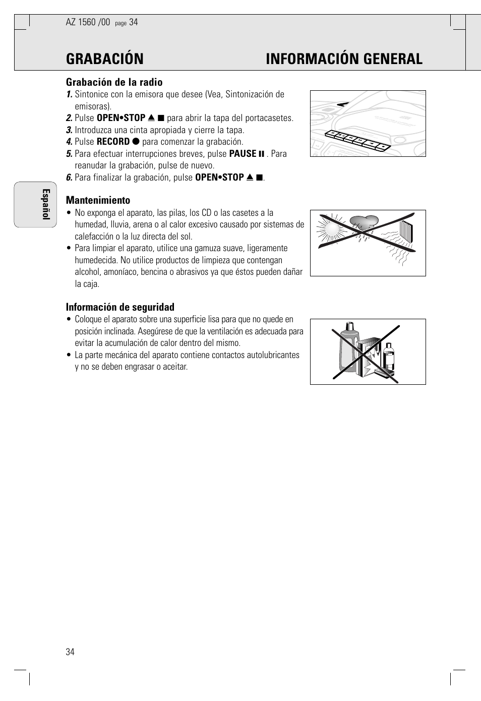 Grabación información general, Grabación de la radio, Mantenimiento | Información de seguridad, Español | Philips AZ 1560/00 User Manual | Page 34 / 58