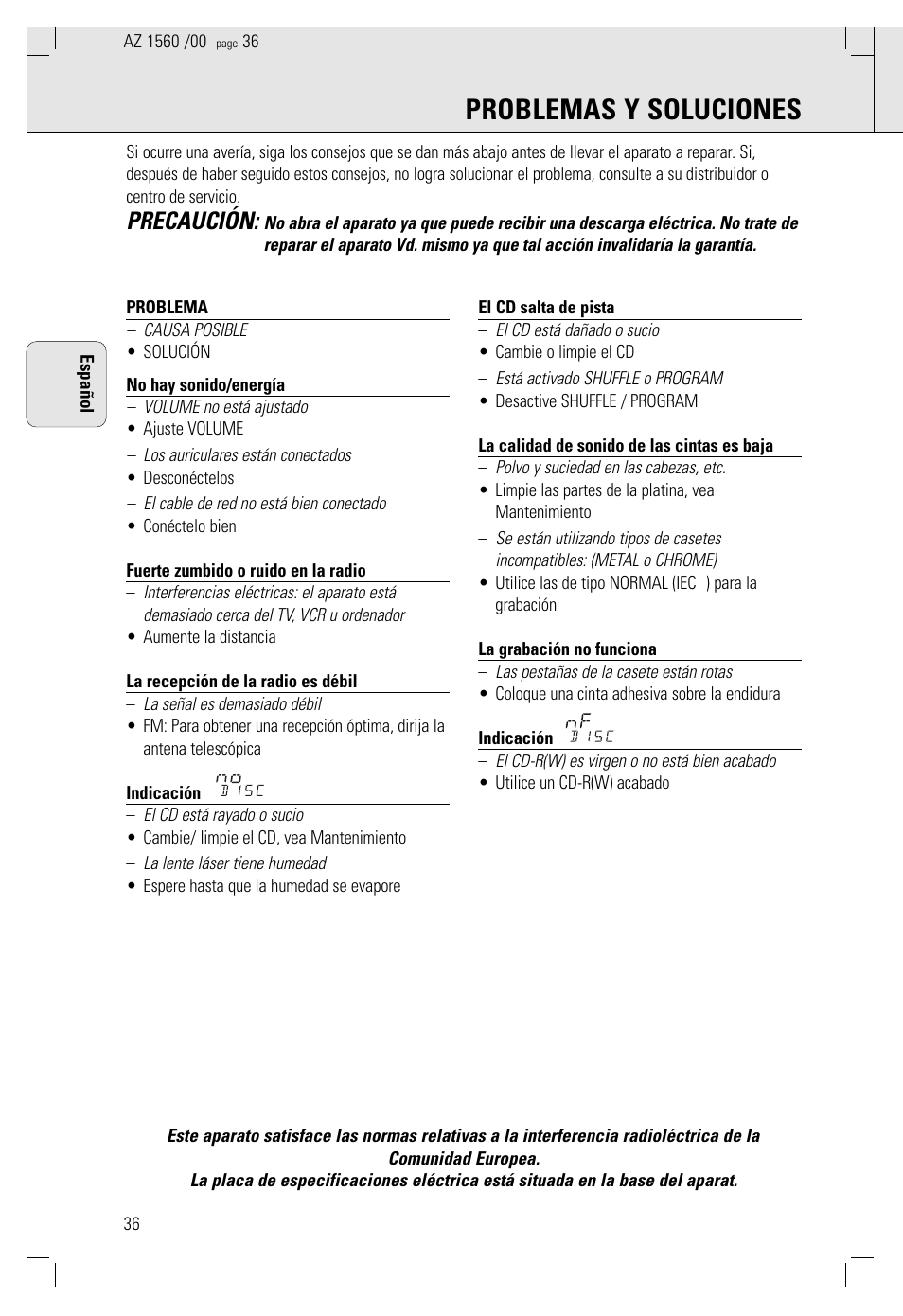 Problemas y soluciones, Precaución | Philips AZ 1560/00 User Manual | Page 36 / 58