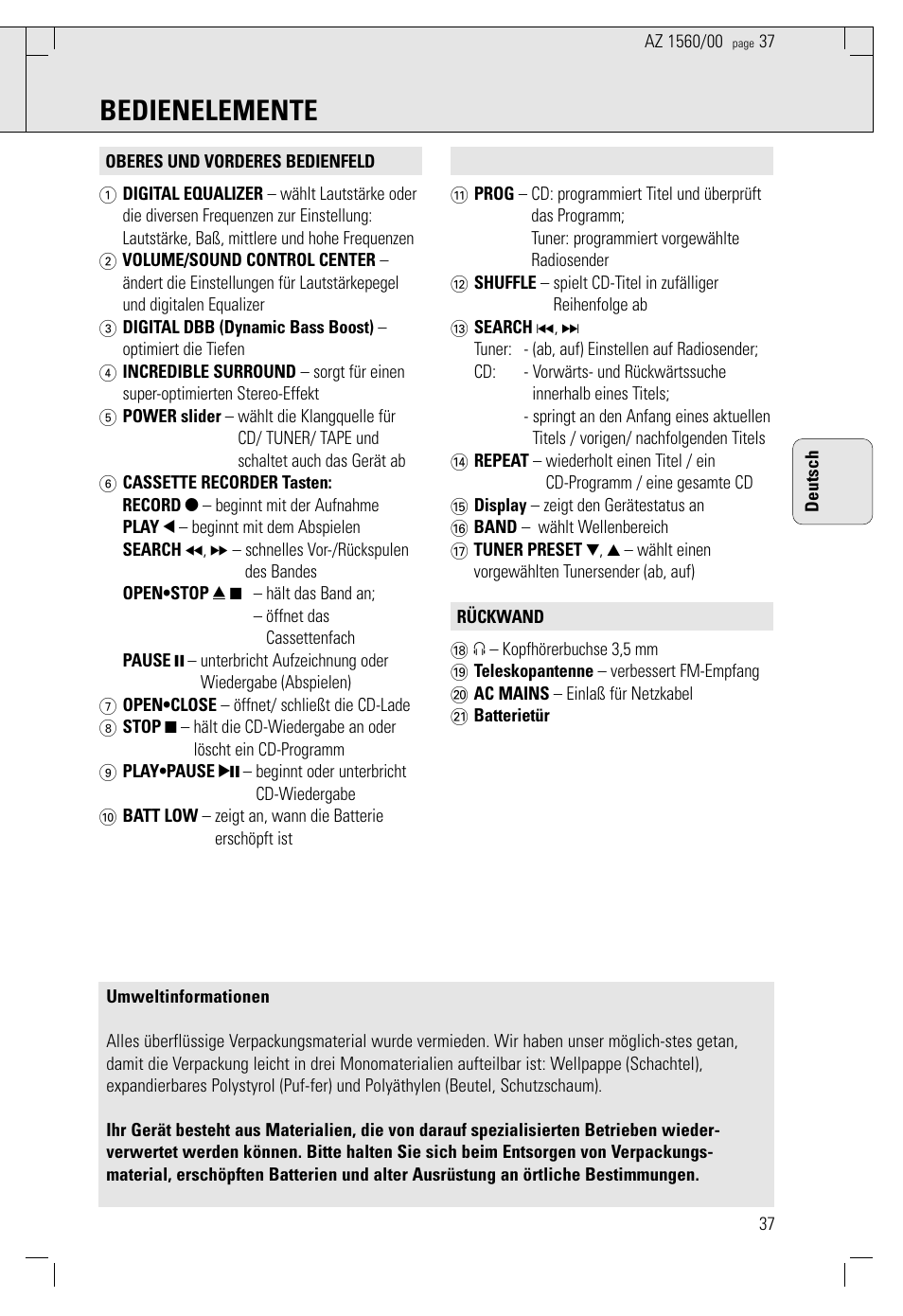 Bedienelemente | Philips AZ 1560/00 User Manual | Page 37 / 58