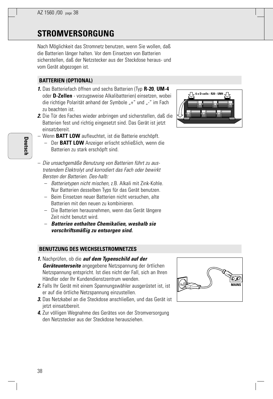 Stromversorgung | Philips AZ 1560/00 User Manual | Page 38 / 58