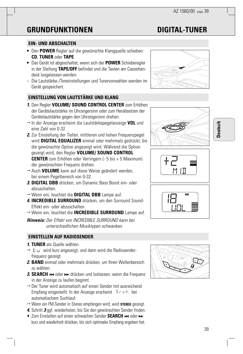 Grundfunktionen digital-tuner, Stereo | Philips AZ 1560/00 User Manual | Page 39 / 58