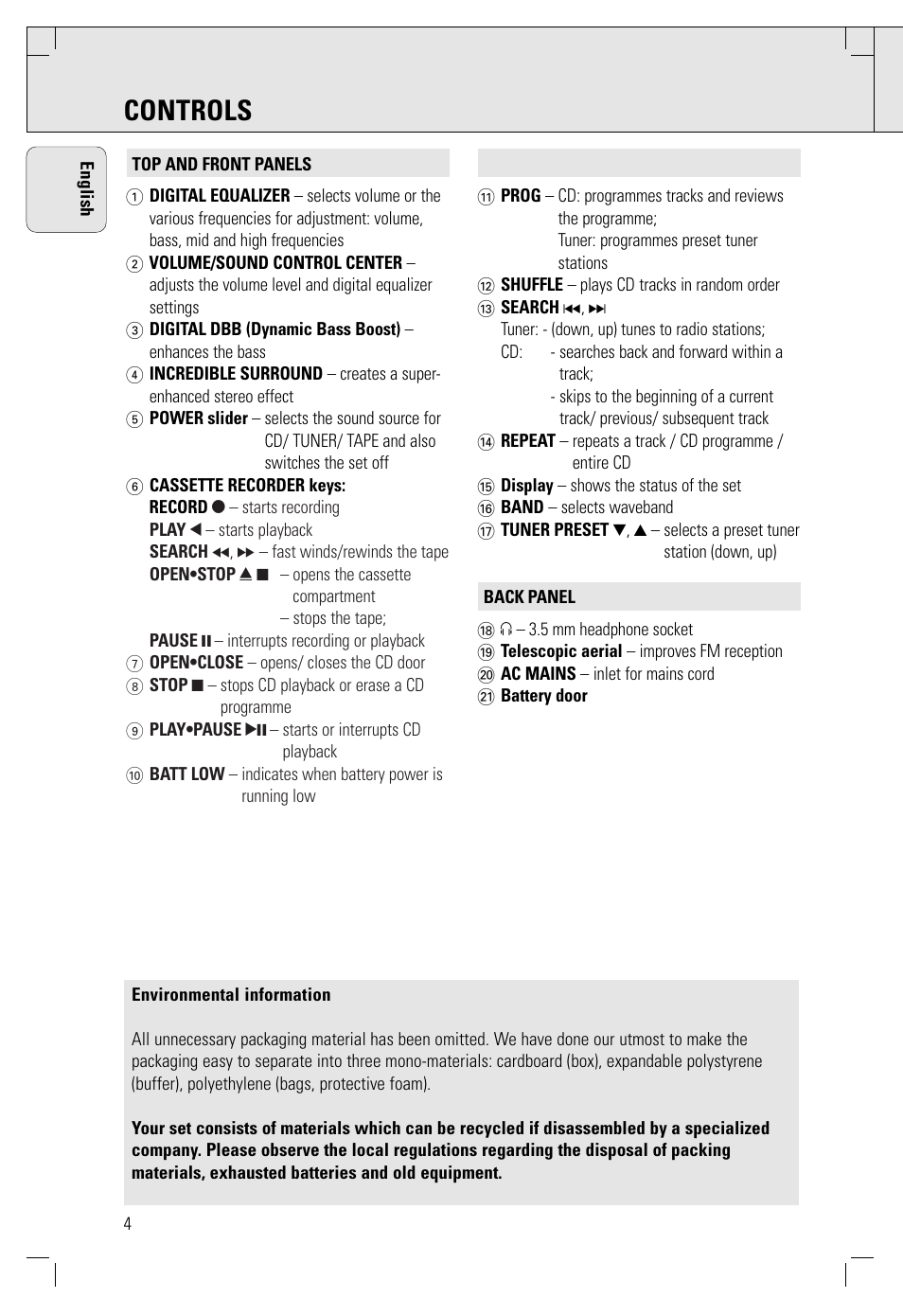 Controls | Philips AZ 1560/00 User Manual | Page 4 / 58