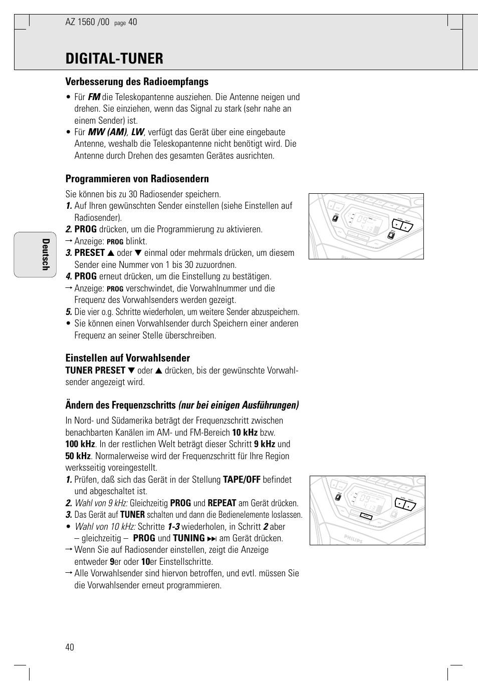 Digital-tuner, Verbesserung des radioempfangs, Programmieren von radiosendern | Einstellen auf vorwahlsender, 40 deutsch, Prog | Philips AZ 1560/00 User Manual | Page 40 / 58