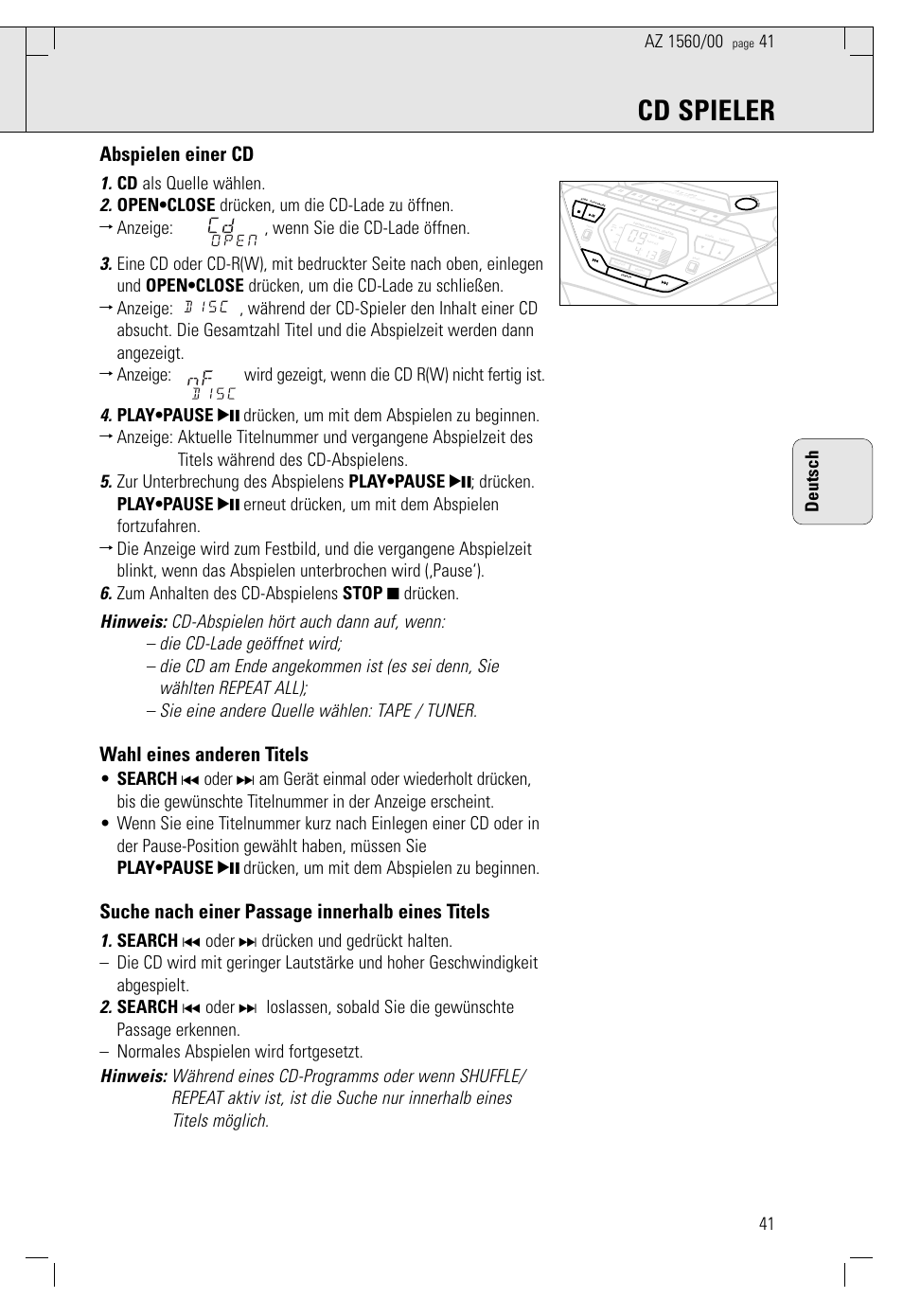 Cd spieler, Abspielen einer cd, Wahl eines anderen titels | Suche nach einer passage innerhalb eines titels, 41 deutsch | Philips AZ 1560/00 User Manual | Page 41 / 58