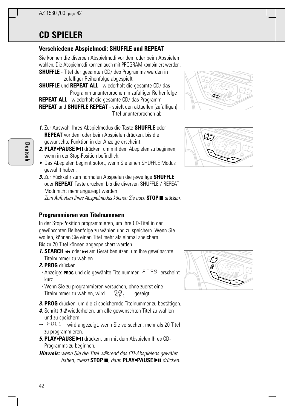 Cd spieler, Verschiedene abspielmodi: shuffle und repeat, Programmieren von titelnummern | 42 deutsch, Prog | Philips AZ 1560/00 User Manual | Page 42 / 58