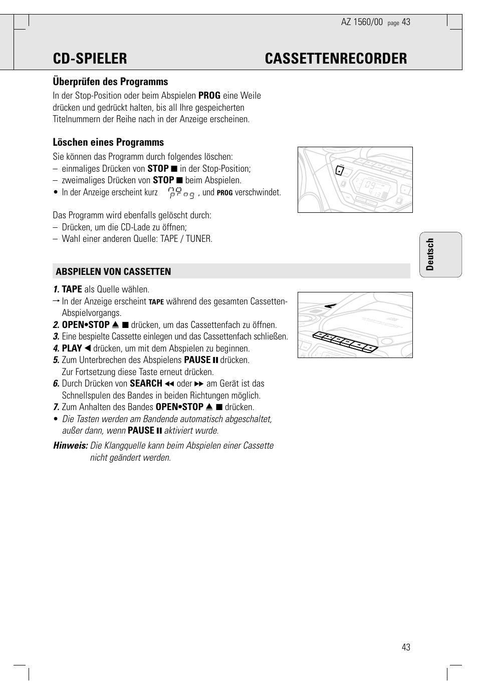 Cd-spieler cassettenrecorder, Überprüfen des programms, Löschen eines programms | 43 deutsch, Prog, Tape | Philips AZ 1560/00 User Manual | Page 43 / 58