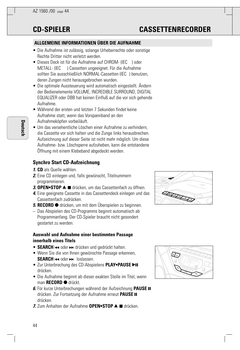 Cd-spieler cassettenrecorder, Synchro start cd-aufzeichnung | Philips AZ 1560/00 User Manual | Page 44 / 58