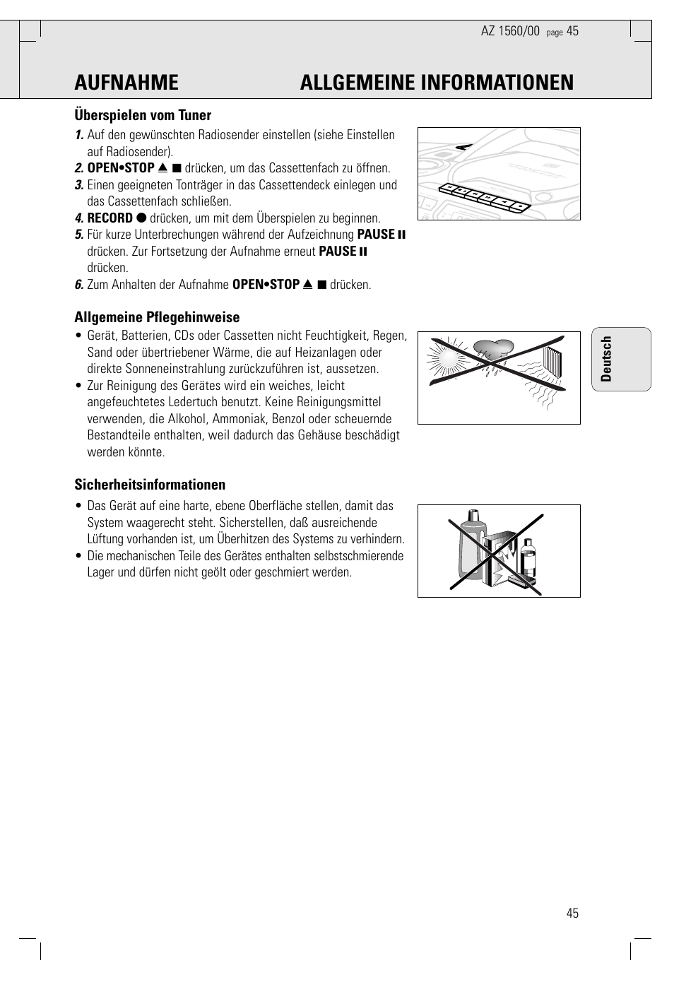 Aufnahme allgemeine informationen, Überspielen vom tuner, Allgemeine pflegehinweise | Sicherheitsinformationen, 45 deutsch | Philips AZ 1560/00 User Manual | Page 45 / 58