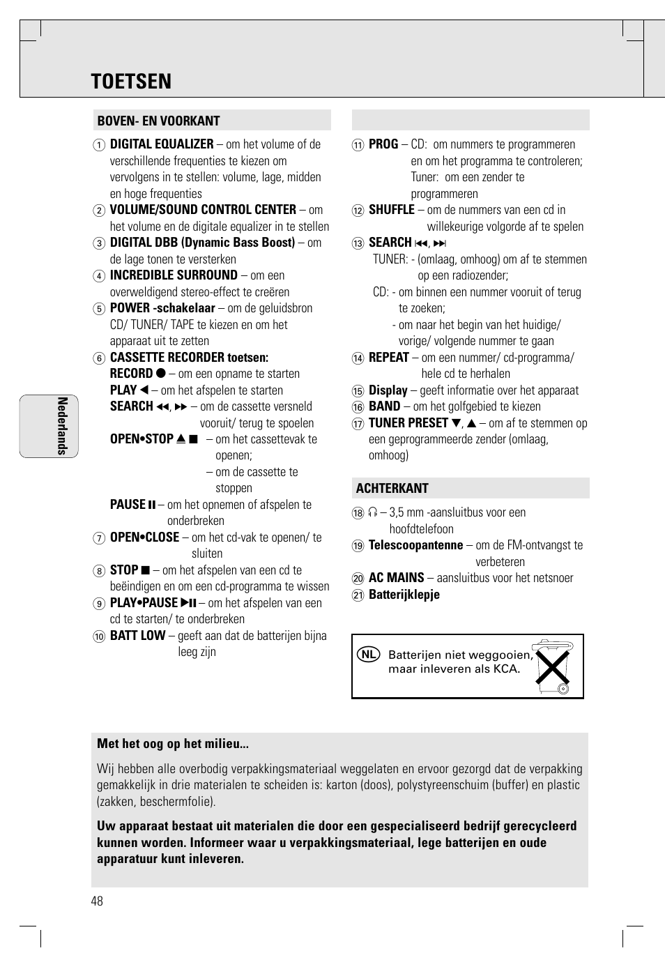 Toetsen | Philips AZ 1560/00 User Manual | Page 48 / 58