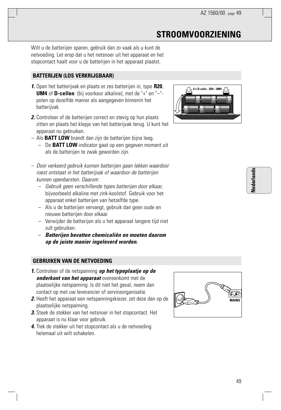 Stroomvoorziening | Philips AZ 1560/00 User Manual | Page 49 / 58