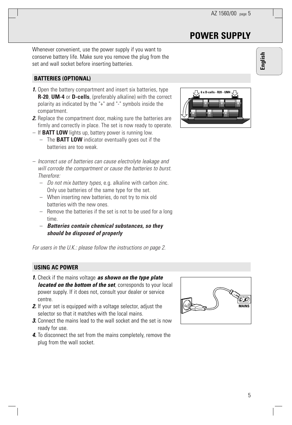 Power supply | Philips AZ 1560/00 User Manual | Page 5 / 58