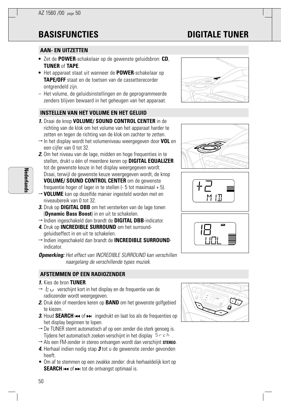 Basisfuncties digitale tuner, Nederlands, Stereo | Philips AZ 1560/00 User Manual | Page 50 / 58