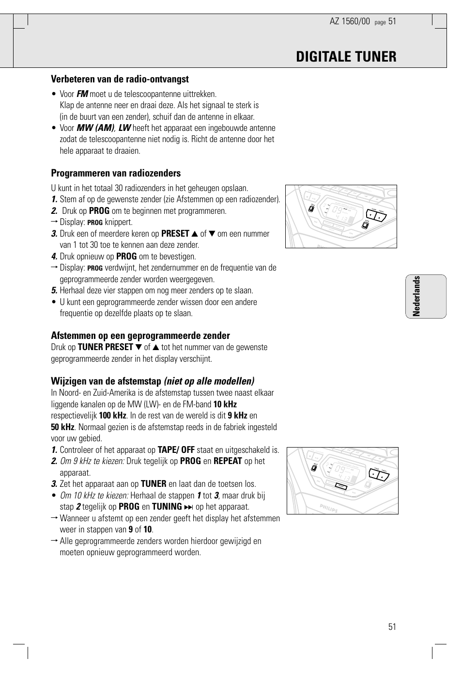 Digitale tuner, Verbeteren van de radio-ontvangst, Programmeren van radiozenders | Afstemmen op een geprogrammeerde zender, Wijzigen van de afstemstap (niet op alle modellen), Nederlands, Prog | Philips AZ 1560/00 User Manual | Page 51 / 58