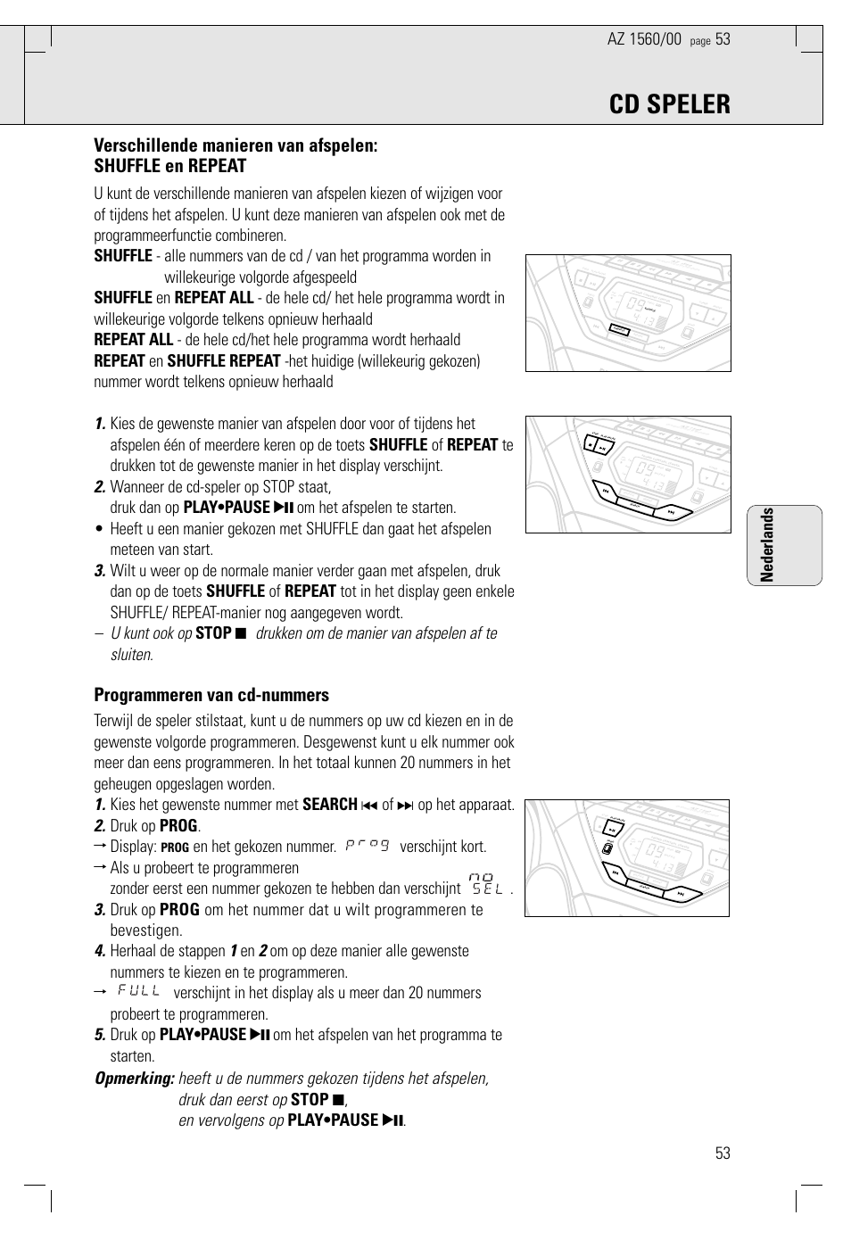 Cd speler, Programmeren van cd-nummers, Nederlands | Prog | Philips AZ 1560/00 User Manual | Page 53 / 58