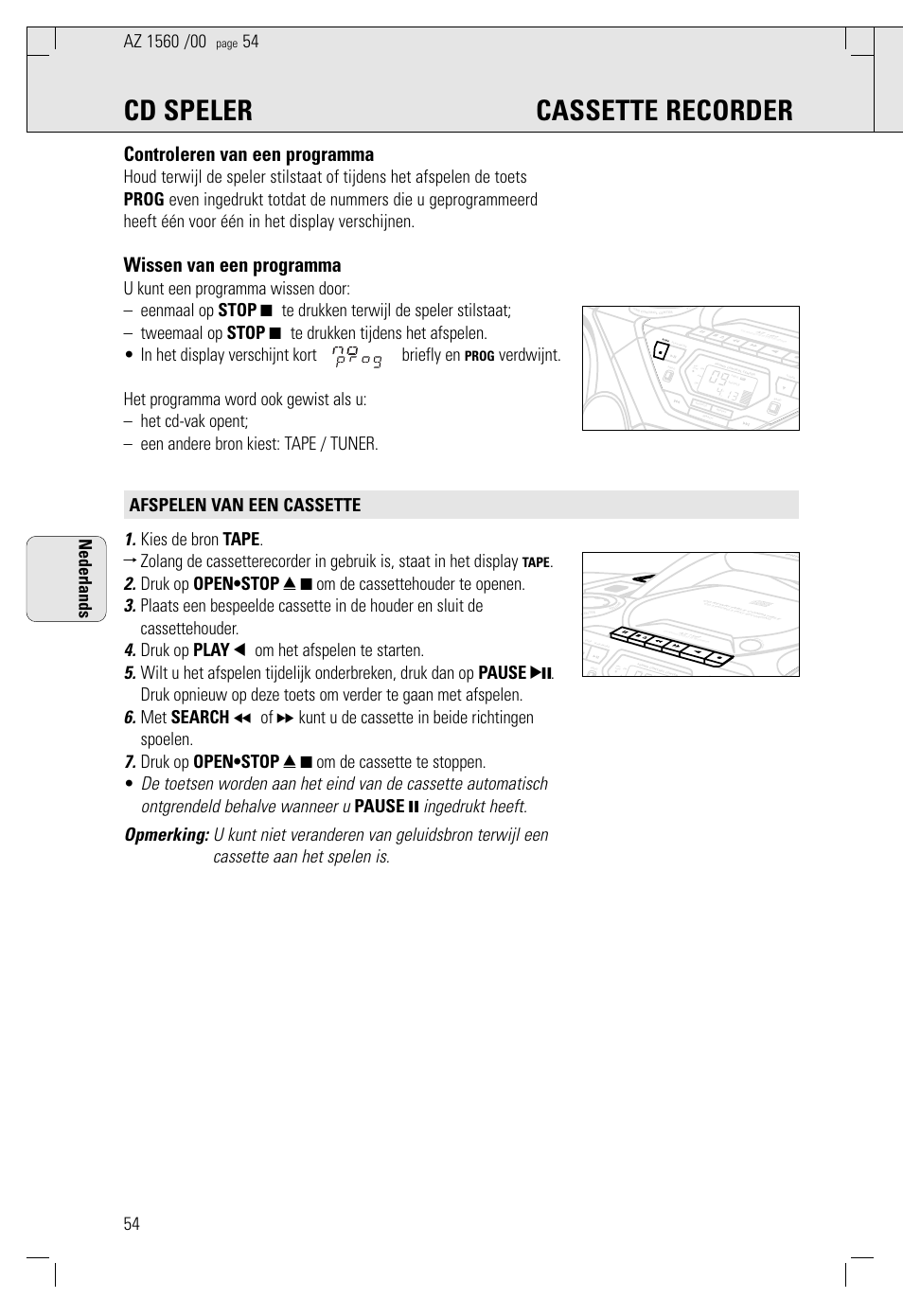 Cd speler cassette recorder, Controleren van een programma, Wissen van een programma | Nederlands, Prog, Tape | Philips AZ 1560/00 User Manual | Page 54 / 58