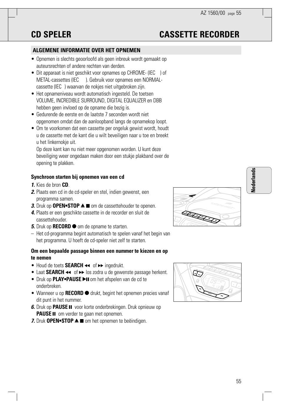 Cd speler cassette recorder, Nederlands | Philips AZ 1560/00 User Manual | Page 55 / 58