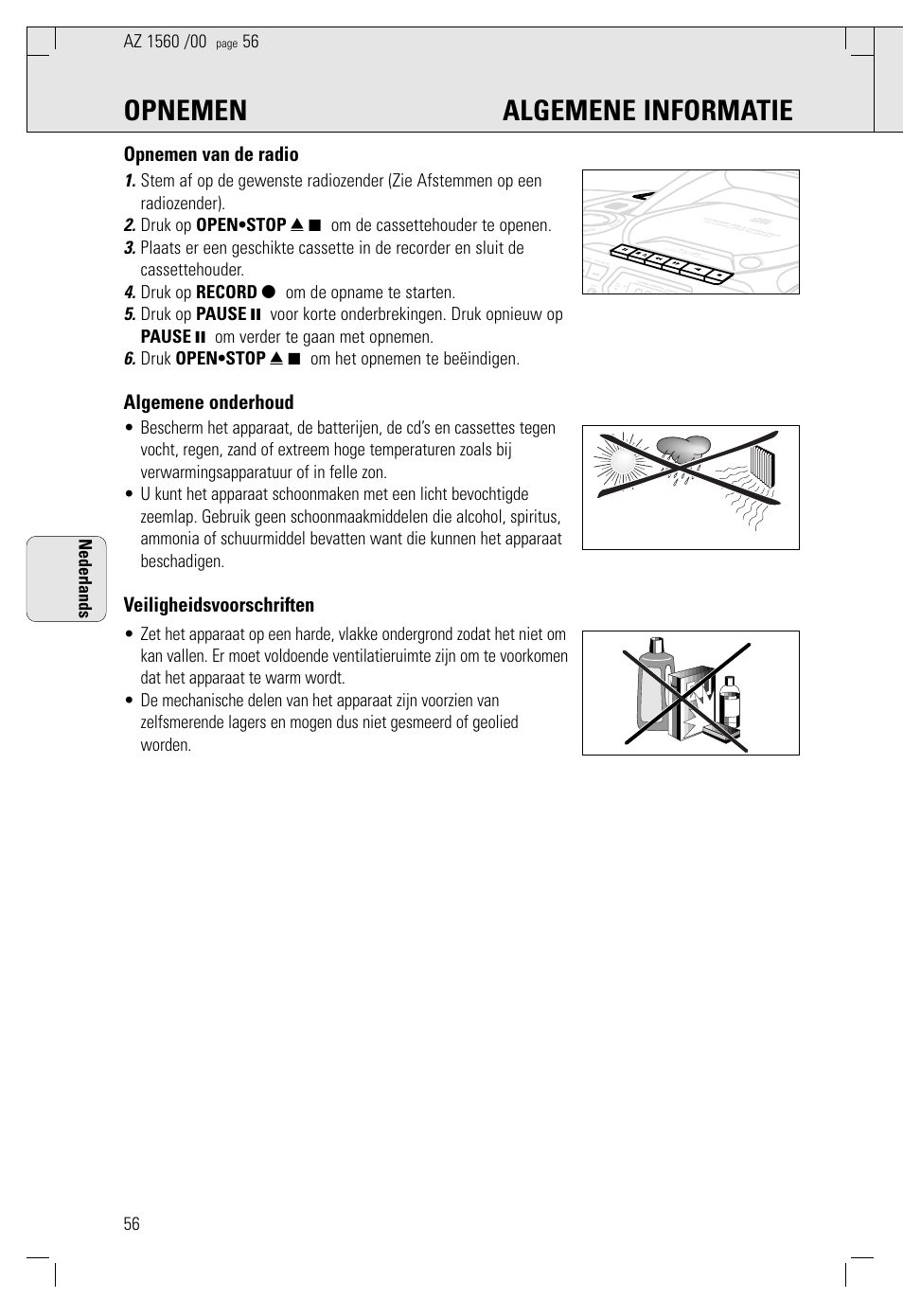 Opnemen algemene informatie, Opnemen van de radio, Algemene onderhoud | Veiligheidsvoorschriften, Nederlands | Philips AZ 1560/00 User Manual | Page 56 / 58