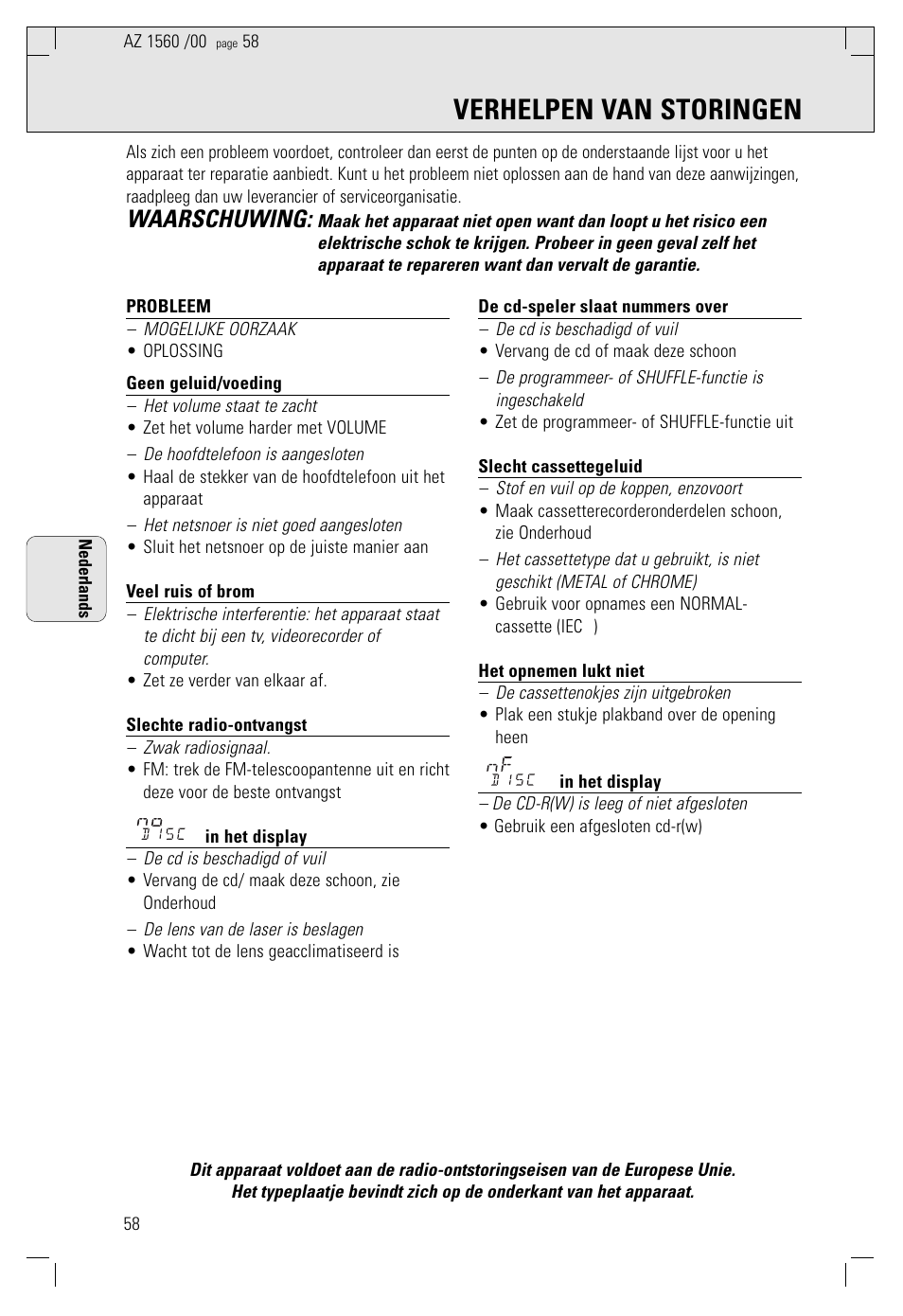 Verhelpen van storingen, Waarschuwing | Philips AZ 1560/00 User Manual | Page 58 / 58