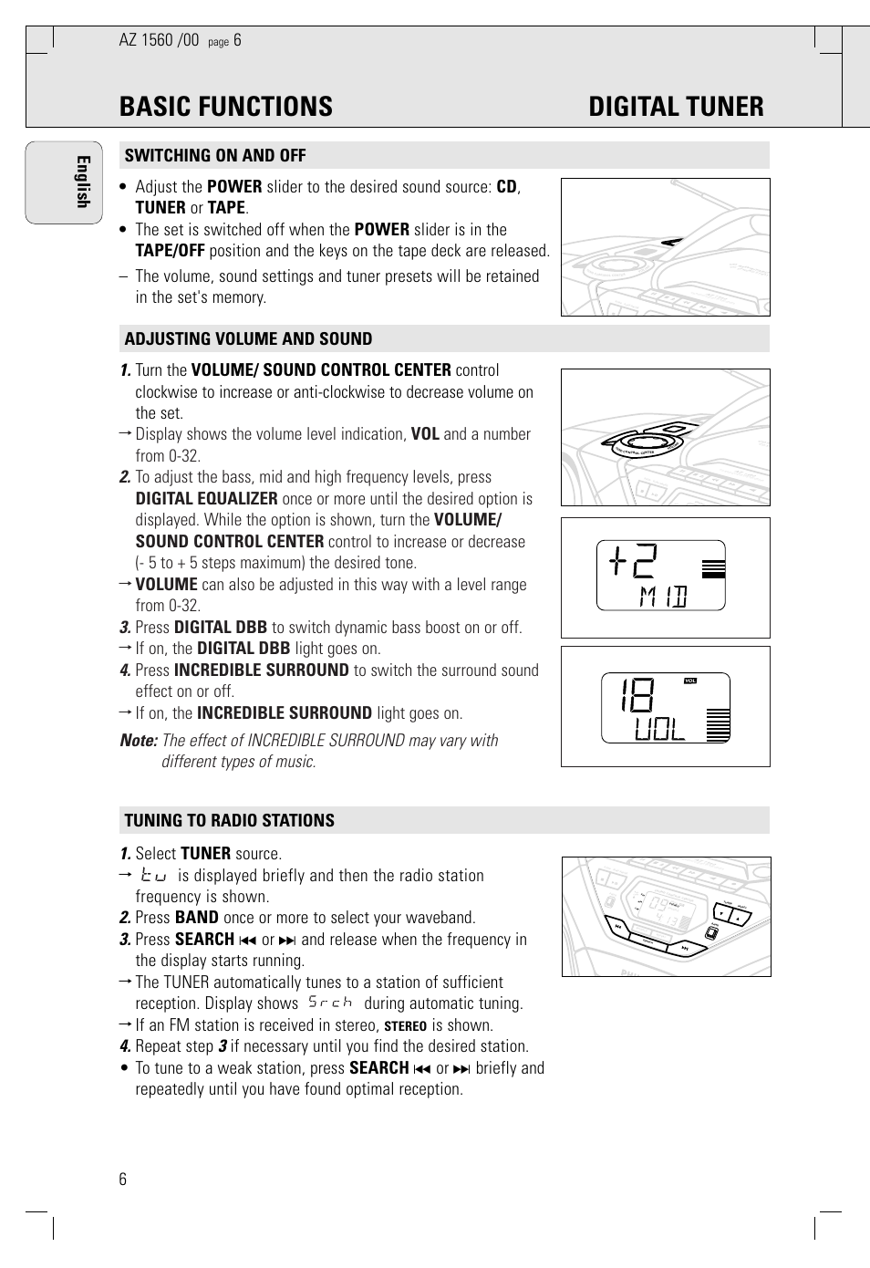 Basic functions digital tuner, Stereo | Philips AZ 1560/00 User Manual | Page 6 / 58