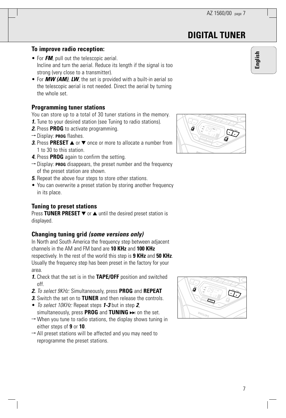 Digital tuner, Programming tuner stations, Tuning to preset stations | Changing tuning grid (some versions only), 7english, Prog | Philips AZ 1560/00 User Manual | Page 7 / 58