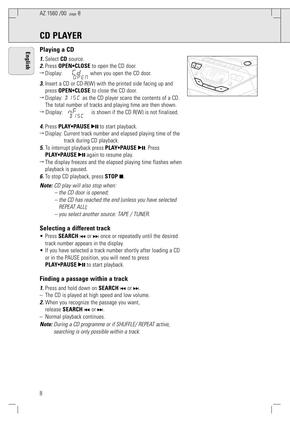 Cd player, Playing a cd, Selecting a different track | Finding a passage within a track, 8english | Philips AZ 1560/00 User Manual | Page 8 / 58