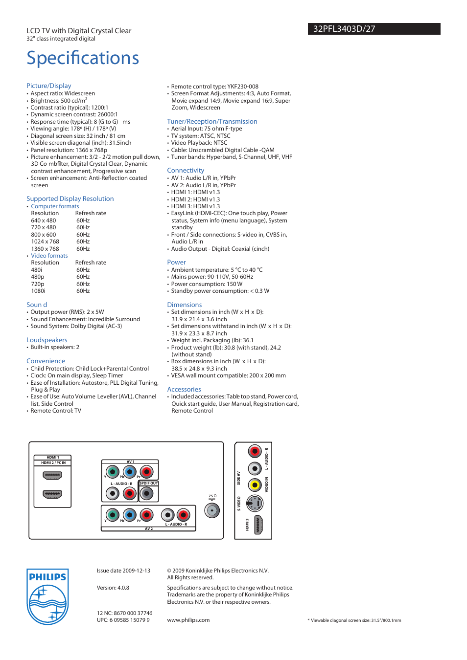 Specifications | Philips 3000 SERIES 32PFL3403D User Manual | Page 3 / 3