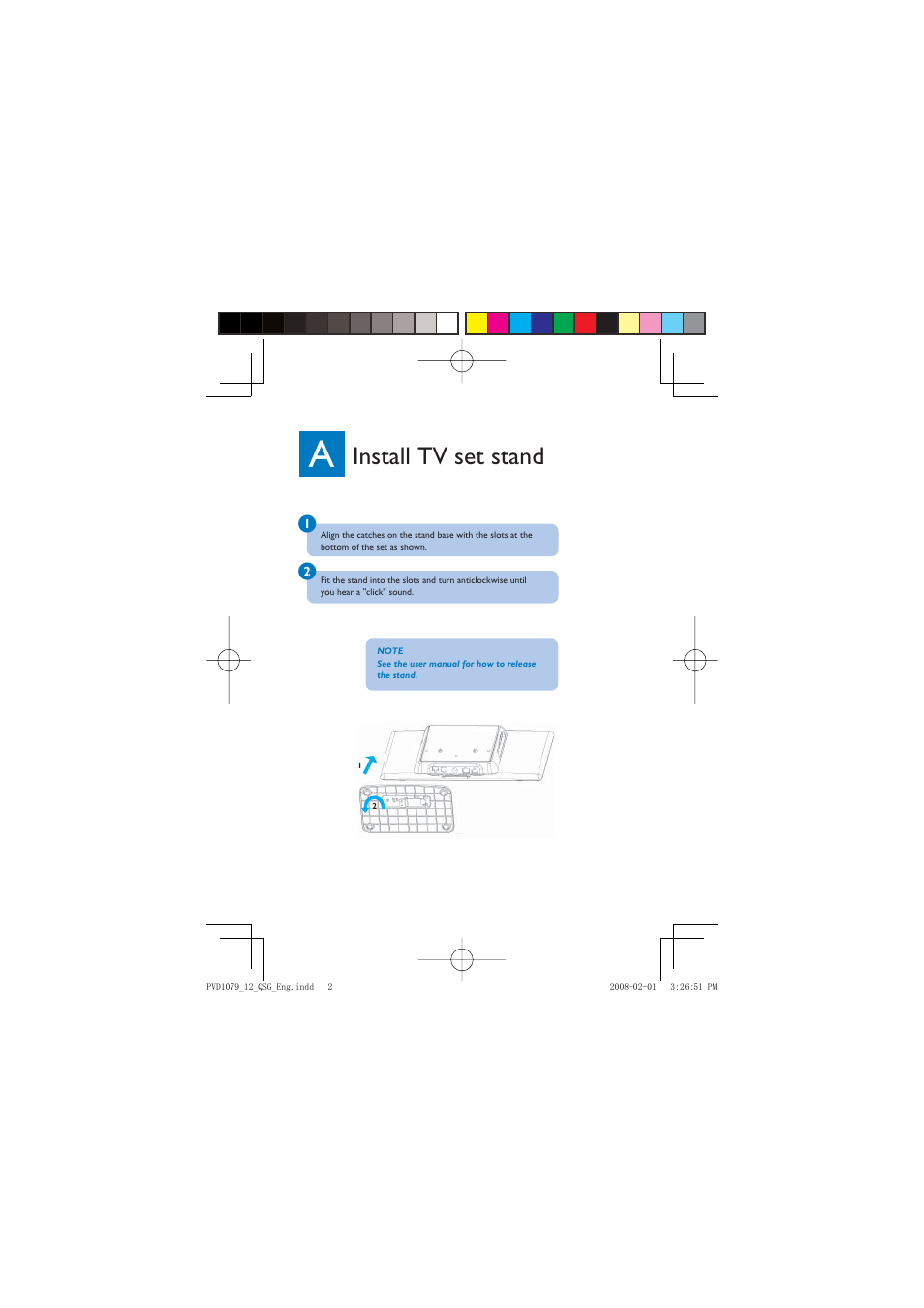 Install tv set stand | Philips PVD1079 User Manual | Page 2 / 6