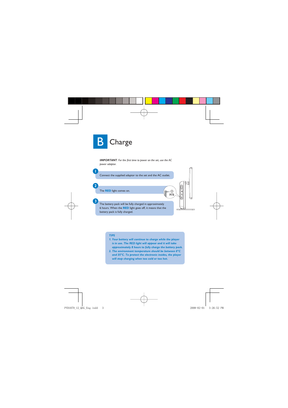 Charge | Philips PVD1079 User Manual | Page 3 / 6