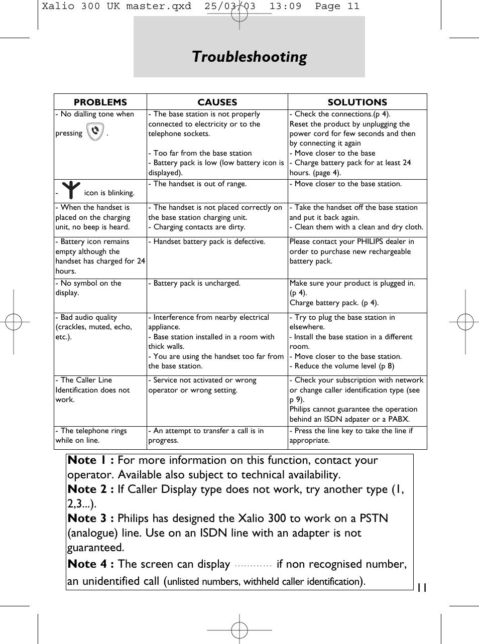 Troubleshooting, Notes, Unlisted numbers, withheld caller identification | Philips Xalio 300 User Manual | Page 13 / 15