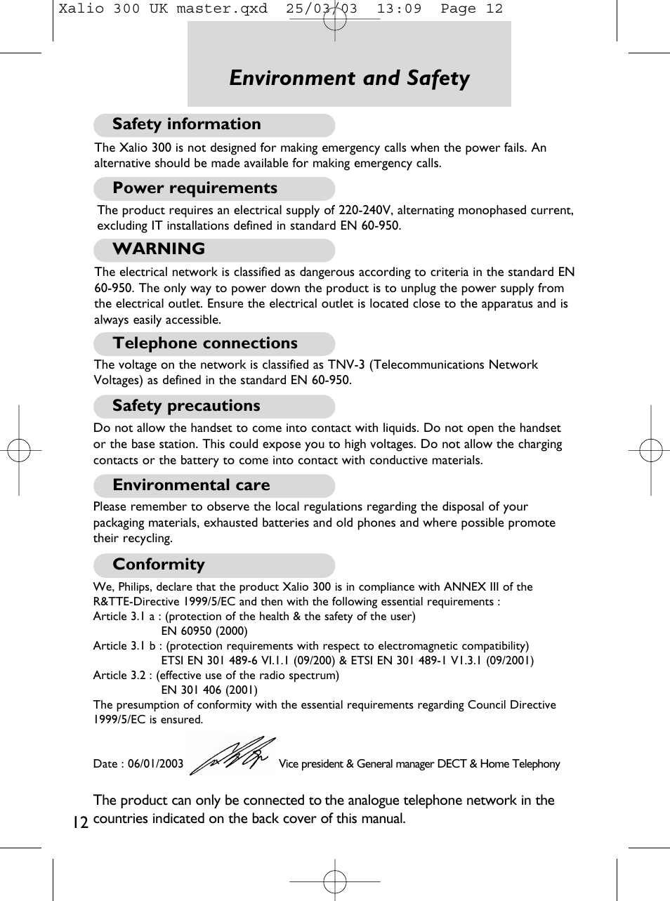 Environment and safety, Environment & safety, Safety information | Conformity, Power requirements, Warning, Telephone connections, Safety precautions, Environmental care | Philips Xalio 300 User Manual | Page 14 / 15