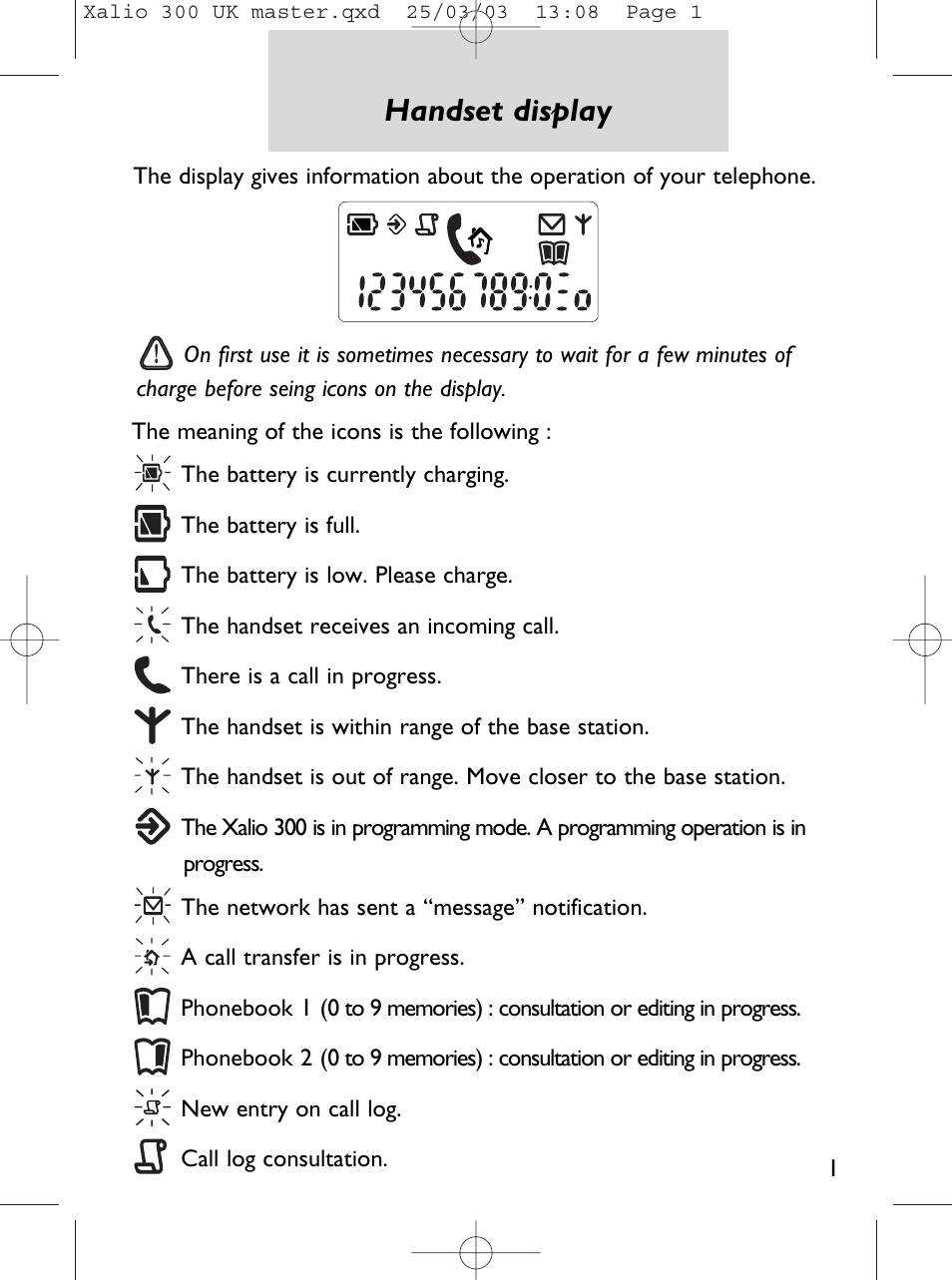 Handset display | Philips Xalio 300 User Manual | Page 3 / 15