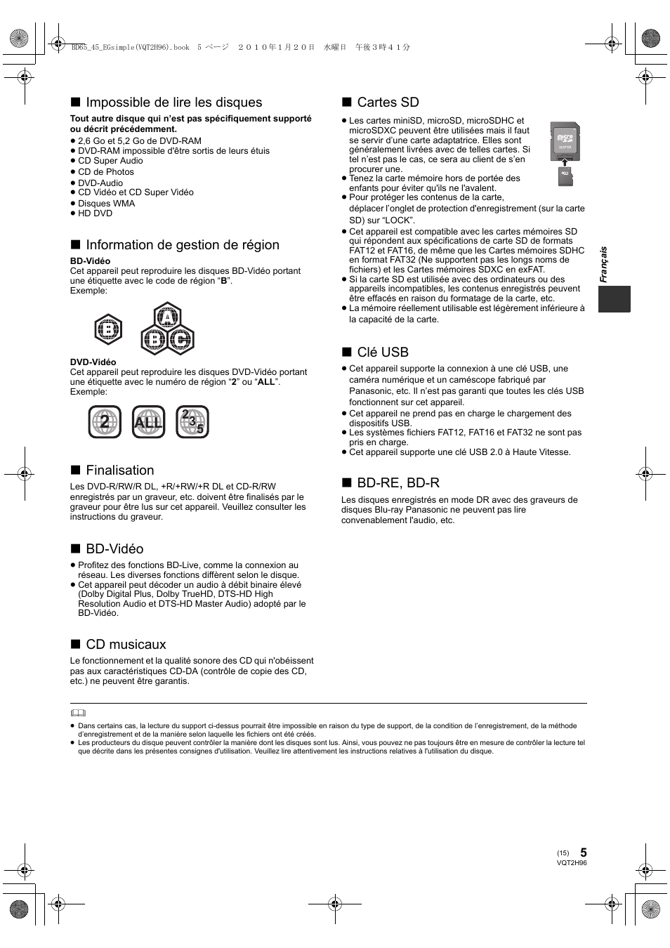 Impossible de lire les disques, Information de gestion de région, Finalisation | Bd-vidéo, Cd musicaux, Cartes sd, Clé usb, Bd-re, bd-r | Panasonic DMPBD65 User Manual | Page 15 / 112