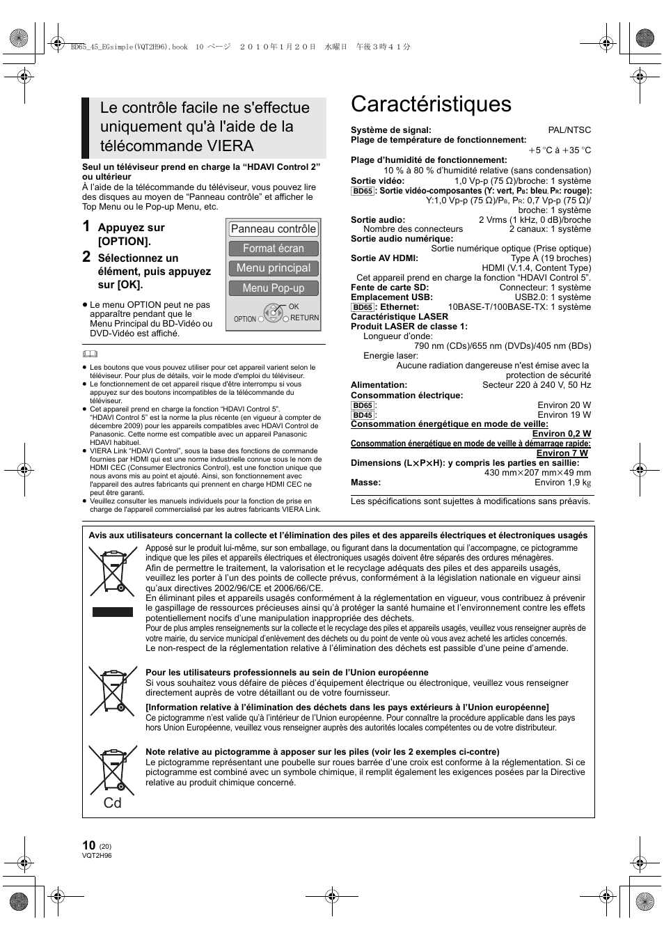 Caractéristiques | Panasonic DMPBD65 User Manual | Page 20 / 112