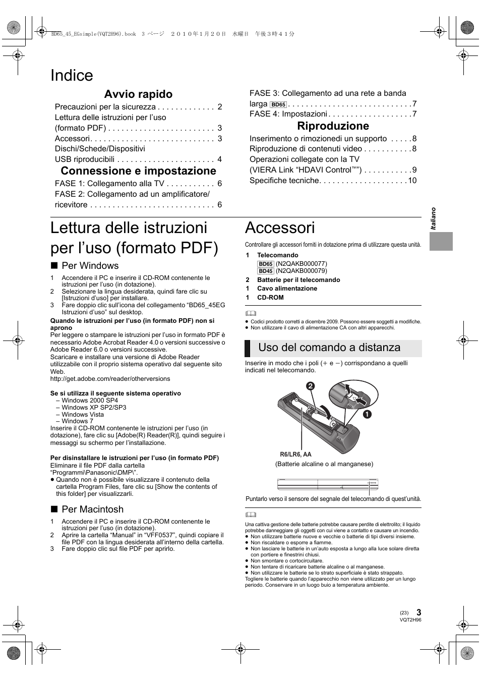 Indice, Lettura delle istruzioni per l’uso (formato pdf), Accessori | Avvio rapido, Connessione e impostazione, Riproduzione, Uso del comando a distanza, Per windows, Per macintosh | Panasonic DMPBD65 User Manual | Page 23 / 112