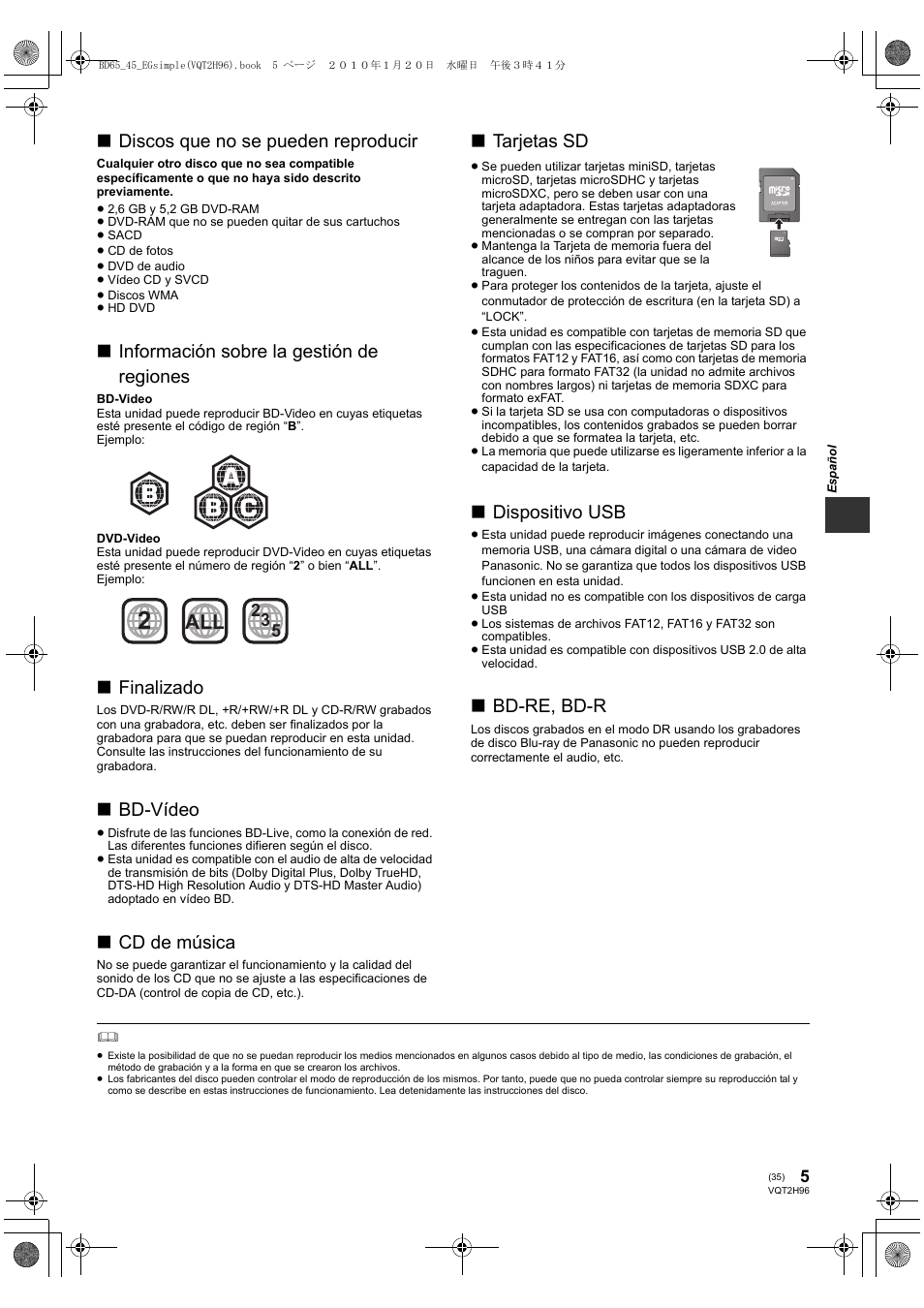 Discos que no se pueden reproducir, Información sobre la gestión de regiones, Finalizado | Bd-vídeo, Cd de música, Tarjetas sd, Dispositivo usb, Bd-re, bd-r | Panasonic DMPBD65 User Manual | Page 35 / 112